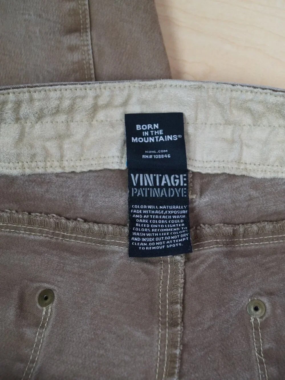 Kuhl Rydr Pants Tan Khaki Stretch Canvas Vintage Patina Dye Hiking Mens 36 x 29